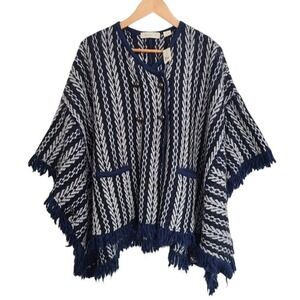 Sleeping On Snow Anthropologie Navy White Double Breasted Fringe Poncho Cardigan